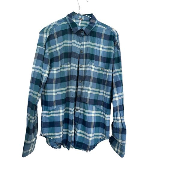 Free People Women's Blue Plaid Print Long Sleeve Button Up Shirt Size XS - Picture 1 of 5